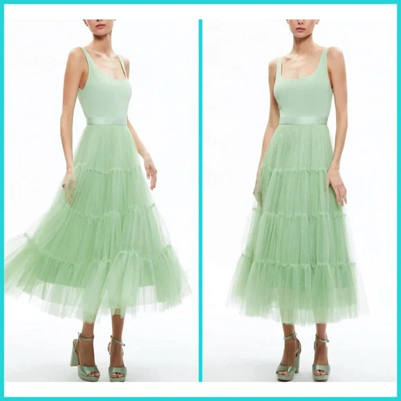 Alice + Olivia Chara Scoop Neck Green Tulle Midi Dress - Picture 5 of 16